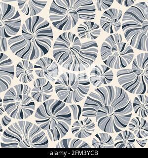 Hand-Drawn Sea Shells, Fossils Blue and Cream Vector Seamless Pattern Stock Vector