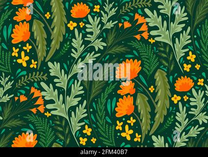 Seamless flat natural pattern with herbs and flowers of the fields. Wallpaper with dandelions, wormwood, fennel and buttercups. Fabric with plants. Ve Stock Vector