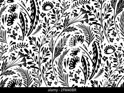 Seamless black silhouette of natural pattern with herbs and flowers of the fields. Wallpaper with prints pf dandelions, wormwood, fennel and buttercup Stock Vector