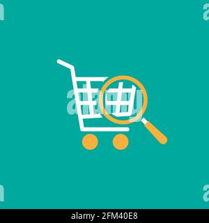 shopping cart with magnifier glass. products searching icon. Glass searching for shoping. Buy online, web store. Vector icon isolated on blue Stock Vector