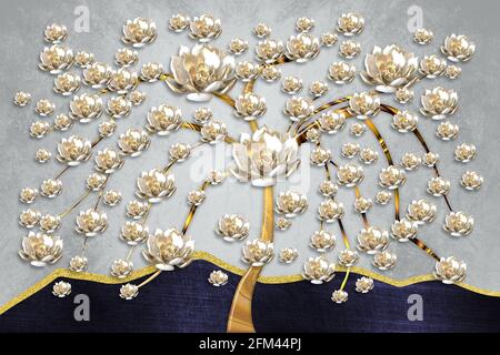 3D tree mural wallpaper with golden flowers, brown stump in gray background . Stock Photo