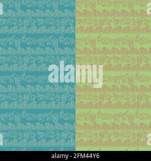 Set of seamless patterns with cartoon houses drawn in outline style Stock Vector