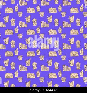 Seamless pattern with cartoon houses drawn in outline style on blue background Stock Vector