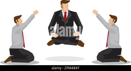 Two businessmen worshipping a business guru floating off the ground. Business metaphor. Concept of strong leadership. Vector illustration. Stock Vector
