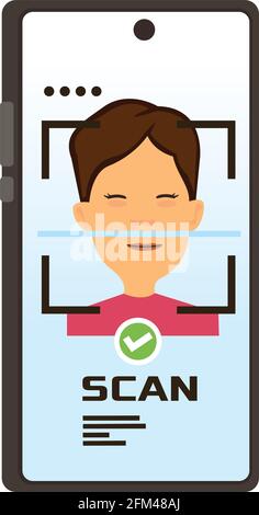 Modern mobile technology with Face recognition using a laser ID. Flat cartoon vector illustration isolated on white background Stock Vector