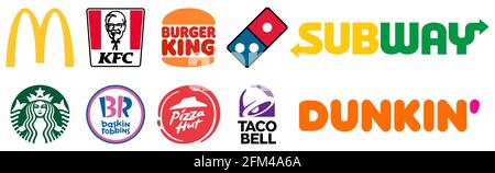 Vinnytsia, Ukraine - May 4, 2021: Fast food restaurants icons. Mcdonalds, KFC, Burger King, Domino's, Starbucks, Baskin Robbins, Pizza Hut, Taco Bell, Stock Vector