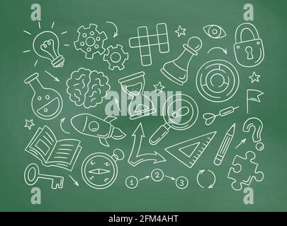Puzzle and riddles hand drawn icons on chalkboard. Crossword puzzle, Maze, Brain, Chess piece, Light bulb and labyrinth, gear, lock and key. Vector Stock Vector