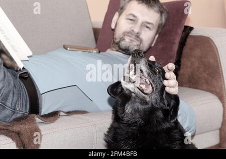 A middle aged man with greyish hair and beard lying on the sofa nad petting his black senior dog Stock Photo