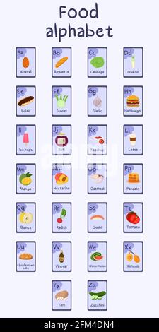 Colorful food alphabet A to Z. Vector illustration template. Food themed cards for teaching with foods, vegetables, fruits, nuts. Collection 1. Stock Vector