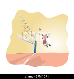 sport man jumping high for spike while playing volleyball in court hand drawn illustration vector Stock Vector