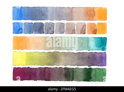 Watercolor drawing of colored stretch marks mixing colors with smooth transition with blue orange yellow purple green colors in form of stripes and sq Stock Photo