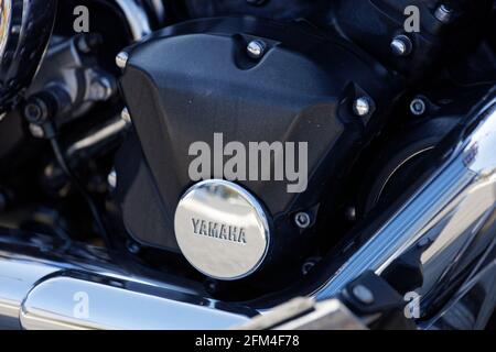 Ulyanovsk, Russia - October 03, 2020. Engine of motorcycle with Yamaha text logo. Stock Photo