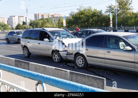Ulyanovsk, Russia - September 23, 2017: Two cars in a car accident on street.  Insurance case - damaged automobiles after collision in city. Stock Photo