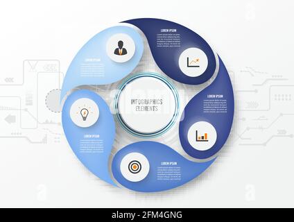 Vector infographic technology with 3D paper label, integrated circles. Business concept with 5 options. For content, diagram, flowchart, steps, parts. Stock Vector