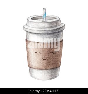 Hand drawn watercolor cardboard paper cute coffee cup with a tubule, take away, isolated on white background. Food illustration, coffee to go. Watercolor painting. High quality illustration Stock Photo