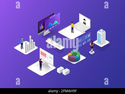 People interacting with charts and analysing statistics. Data visualisation concept. 3d isometric vector illustration. Stock Vector