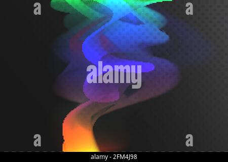 Gradient color wave flow, abstract effect vector illustration. Dynamic spectrum smoke curve and wavy motion, artistic fluid energy stream design element isolated on transparent dark background Stock Vector