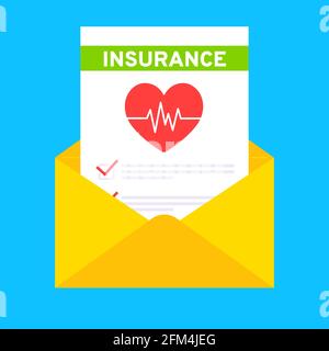 Medical insurance envelope letter claim form with file paper sheets flat style design vector illustration. Stock Vector