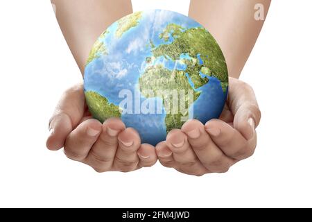 Hand holding earth isolated over white background Stock Photo - Alamy