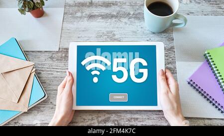 5g Fast mobile internet connection, Ne generation communication and modern technology concept Stock Photo