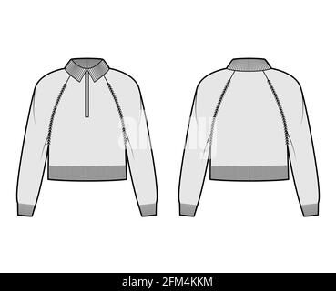 Zip-up cropped Sweater technical fashion illustration with rib henley neck, classic collar, long raglan sleeves, knit trim. Flat apparel front, back, grey color style. Women, men unisex CAD mockup Stock Vector