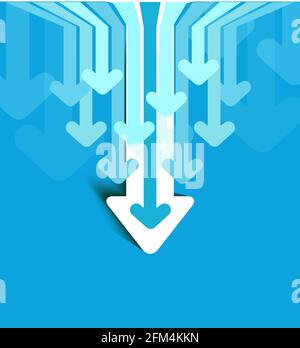 Abstract financial background with red arrows going down. Concept decrease. Vector illustration. Abstract background with white paper arrows and blue. Stock Vector
