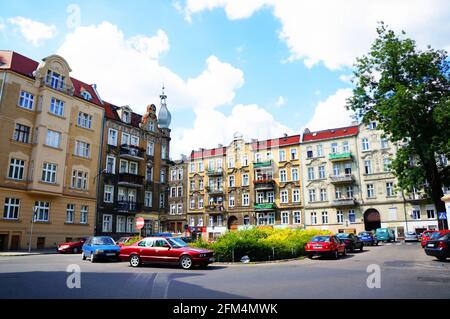 POZNAN, POLAND - Oct 18, 2015: Parked cars and apartment blocks at the Lazarski area Stock Photo