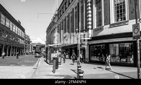 Kingston Upon Thames London UK, May 04 2021, Black and White Image Town Centre Main Street With John Lewis And Bentall Centre Shopping Centre Stock Photo