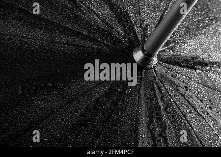 pearls of water on wet umbrella Stock Photo