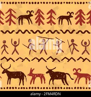 Prehostoric cave paintings art vector seamless pattern, primitive design inspired by stone drawings with people and animals Stock Vector
