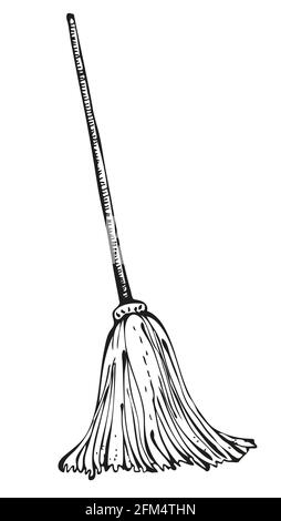 Vector mop illustration, old-fashioned mop with wooden stick, isolated on white background Stock Vector