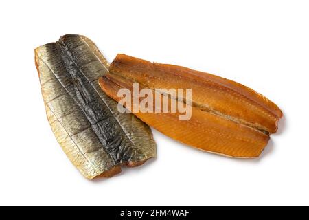 Pair of Kippers, fillet smoked herring,  isolated on white background Stock Photo