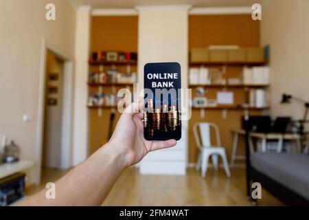 Online bank concept. Using money at app account at home Stock Photo