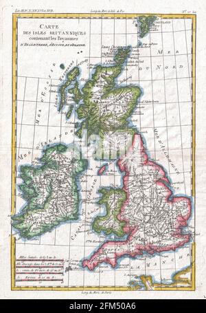 Vintage copper engraved map of British Isles from 18th century. All maps are beautifully colored and illustrated showing the world at the time. Stock Photo