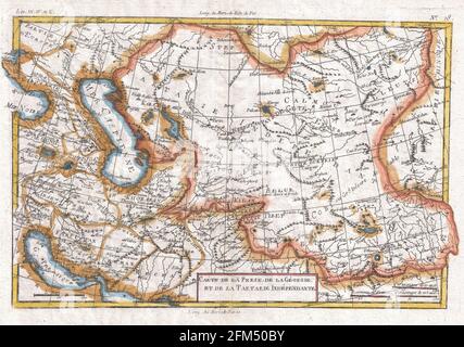 Vintage copper engraved map of Central Asia from 18th century. All maps are beautifully colored and illustrated showing the world at the time. Stock Photo