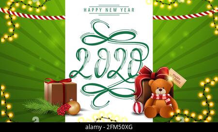 Happy New Year, 2020, greeting green postcard with beautiful lettering and present with Teddy bear Stock Photo