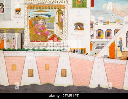 Palace scene with Shah Jahan (1592-1666), fifth Mughal Emperor, painting 1700-1725 Stock Photo