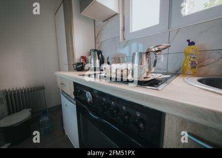 BRCKO, BOSNIA AND HERZEGOVINA - May 02, 2021: Wide angle shot of minimalistic designed weekend apartment