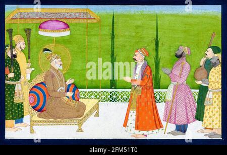 The poet Sundar Das before Emperor Shah Jahan (1592-1666), 5th Mughal Emperor, painting by Nainsukh, 1750-1760 Stock Photo