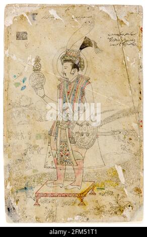 Emperor Jahangir (1569-1627), fourth Mughal Emperor, holding an Orb, (battle scene), portrait drawing by Mughal School, 1700-1725 Stock Photo