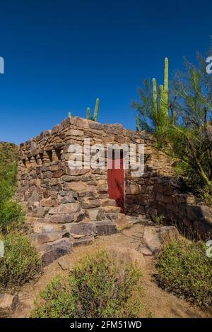 Old stone restroom in the Ez-Kim-In-Zin Picnic Area built by the Civilian Conservation Corps during the Great Depression, Saguaro National Park, Tucso Stock Photo