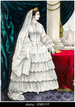 Empress Eugénie de Montijo (1826-1920), Empress Consort of France (1853-1870), wife of Napoleon III of France, in her Wedding Dress, lithographic print before 1881 Stock Photo