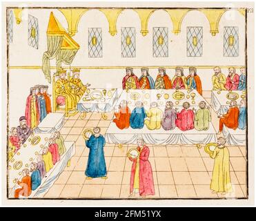 Royal Wedding Banquet, featuring, Tsar Michael I of Russia, (1596-1645), and, Tsarina Eudoxia Streshnyova, (1608-1645), illustration circa 1810 Stock Photo