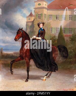 The young Duchess Elisabeth (1837-1898), later Empress of Austria (1854-1866), in Bavaria at the age of 15 on horseback, equestrian portrait by Karl von Piloty & Franz Adam, 1853 Stock Photo