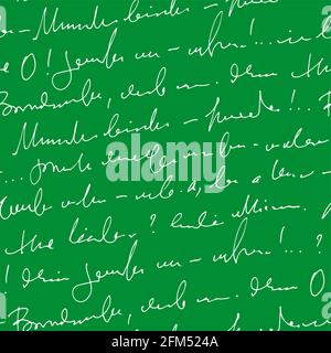 Handwritten abstract text vector seamless pattern, vector monochrome script isolated on green chalk board background Stock Vector