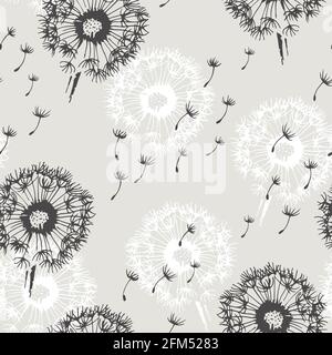 Dandelion with flying seeds vector seamless background, flower illustration isolated on white background Stock Vector
