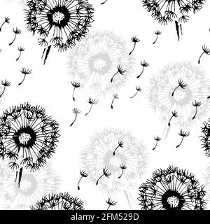 Dandelion with flying seeds vector seamless background, flower illustration isolated on white background Stock Vector