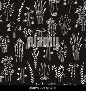 Herbs and flowers seamless vector pattern, isolated on black background Stock Vector
