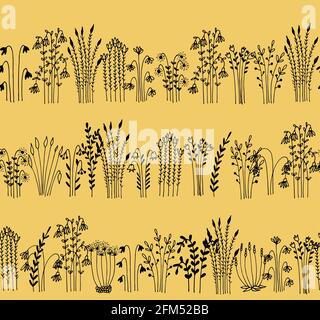 Herbs and flowers seamless vector border, floral pattern isolated on white background Stock Vector