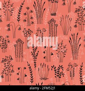 Herbs and flowers seamless vector pattern, isolated on pink background Stock Vector